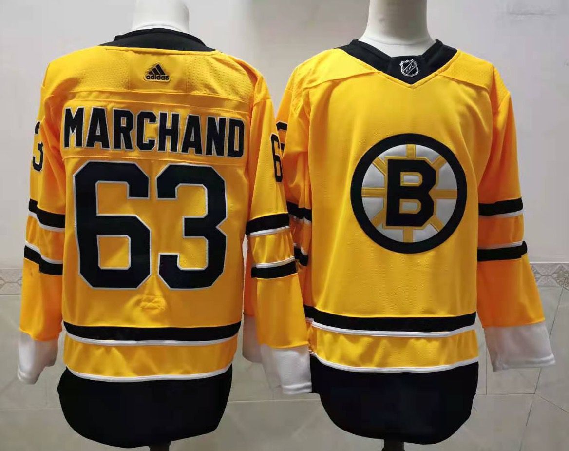 Men Boston Bruins #63 Marchand Yellow Authentic Stitched 2020 Adidias NHL Jersey